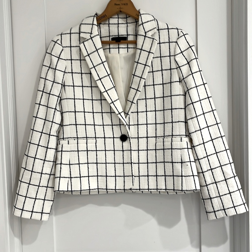 J. Crew ivory and navy windowpane cropped jacket.